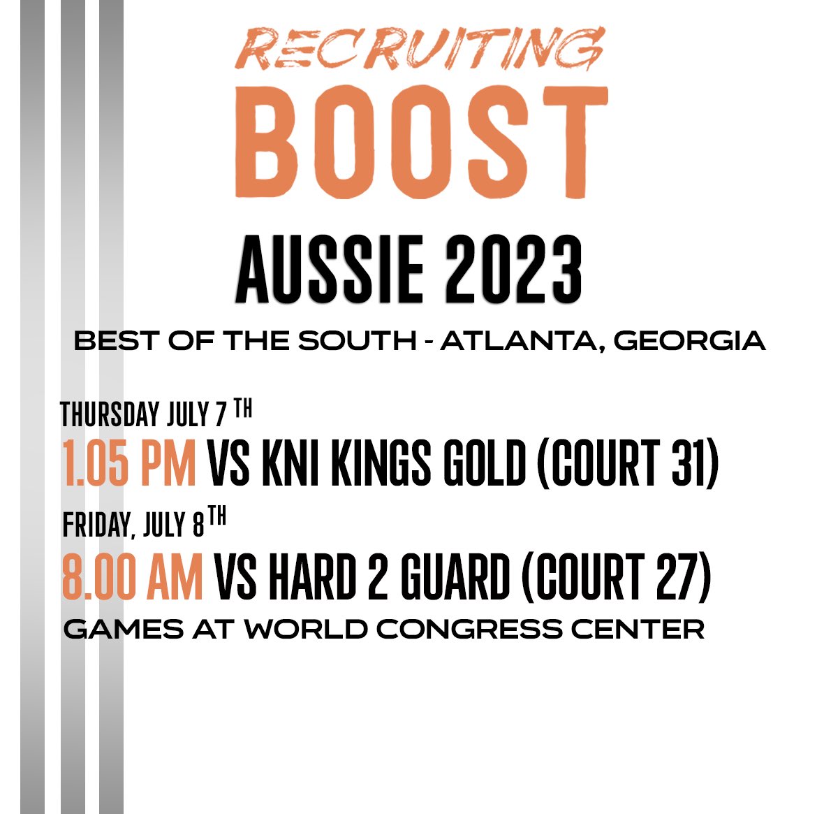 #RecruitingBoost Aussie 2023! 

See them live this week in America at <a href="/hoopseen/">HoopSeen</a>'s BOTS! 

Roster &amp; Showcase Schedule Below.

Bracket Schedule TBD. 

Coaches, all athletes are from Australia! Great chance to evaluate them IN PERSON &amp; AGAINST U.S.A. TALENT‼️‼️