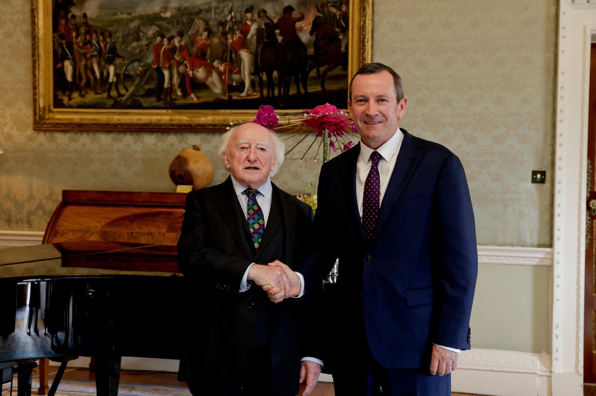 MarkMcGowanMP's tweet photo. The friendship between Ireland and Western Australia has never been stronger 🇮🇪🇦🇺

I had the pleasure of catching up with President Higgins during my Reconnect WA mission in Dublin. https://t.co/a1MzxYGSJl