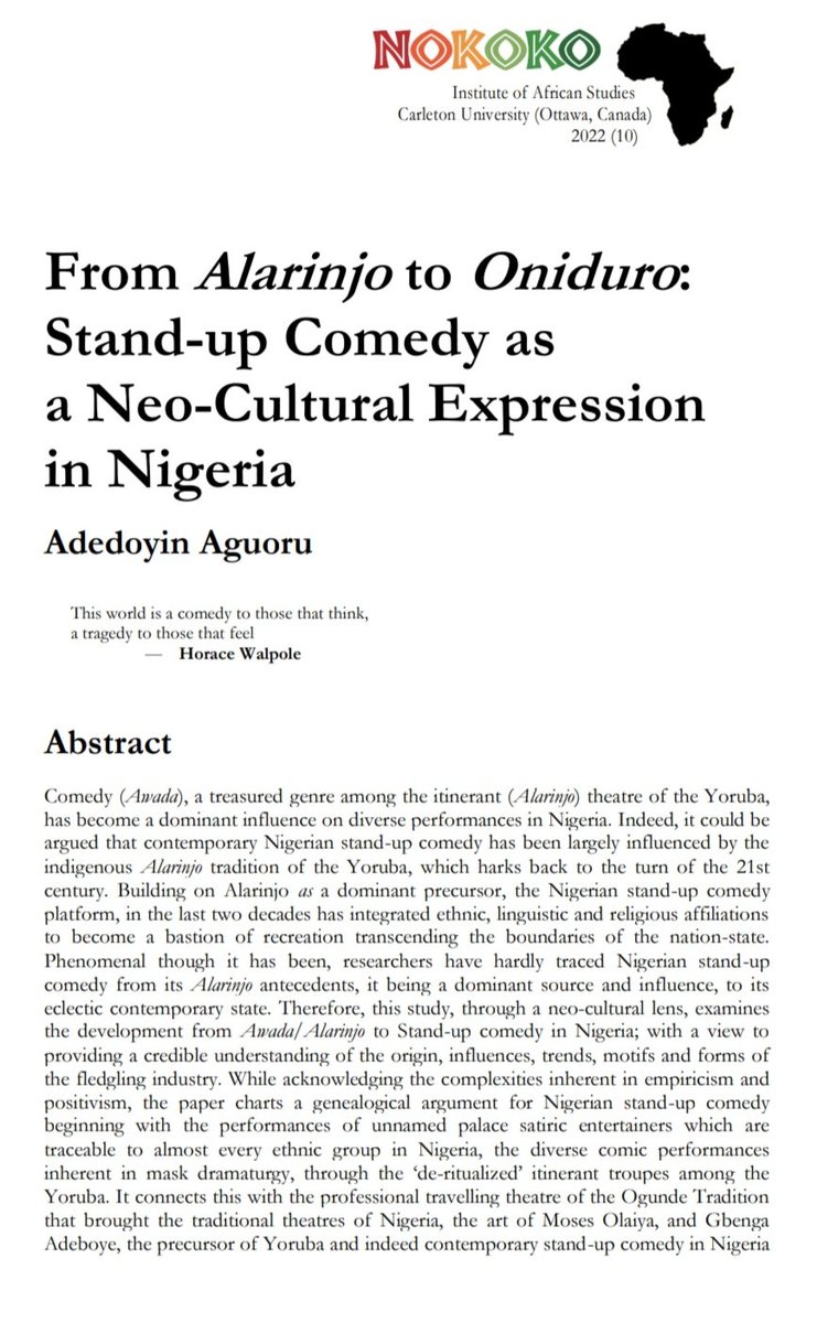 The special issue of Nokoko on stand-up comedy in Africa now available online. You can access through links. OJS Library Carleton ojs.library.carleton.ca/index.php/noko… OR ojs.library.carleton.ca/index.php/noko… African Studies carleton.ca/africanstudies…