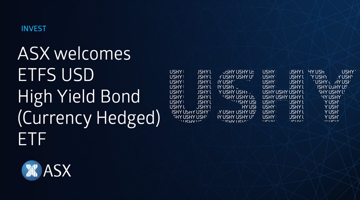 ASX's tweet photo. ASX welcomes USHY. ETFS USD High Yield Bond (Currency Hedged) ETF tracks a market value-weighted index of USD-denominated high yield corporate debt with broad maturities. Congrats on your listing! We wish you well in the future. https://t.co/Iwr4W0eLPR #ListASX #ASXbell #ETFs https://t.co/0Lx36haILu