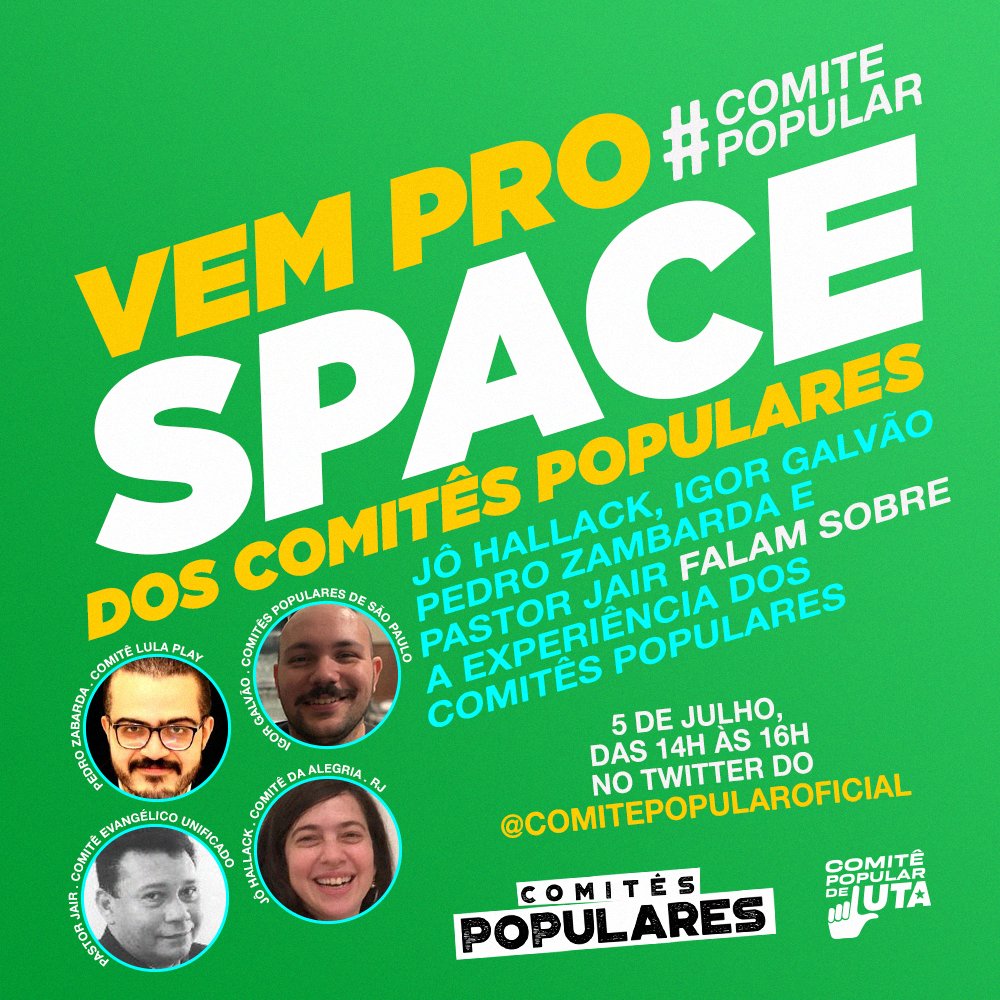 comitespop's tweet image. 🟣 Anota na agenda: 05/07, das 14h às 16h
🎙️ Space dos Comitês Populares 

📻 Nesta terça, 05/07, tem mais conversa! Ajusta o reloginho para não perder a prosa com @johallack, @igorgalvaodf, @pedrozambarda e Pr. Jair @JairBatistaDaS9 falando sobre a experiência dos Comitês.
