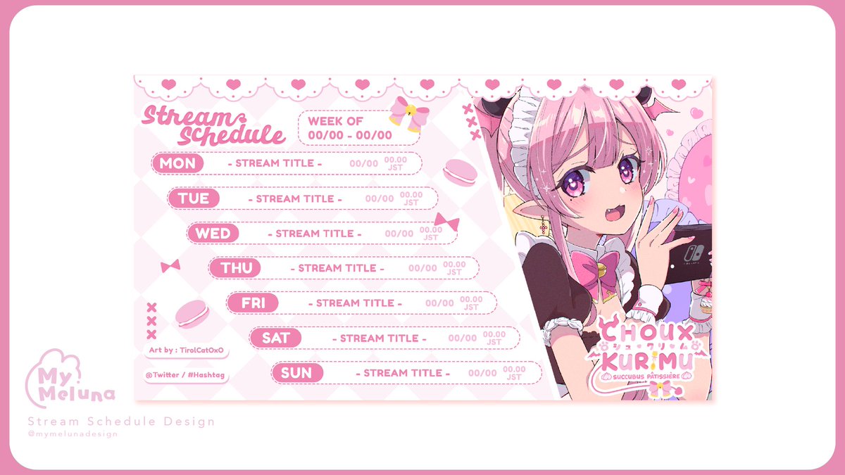 ✨ Schedule design for @/ChouxKurimu ✨
Artwork by : @/TirolCatOxO 

#mymecomms #VtuberEN #Vtuberassets #Vtuber #Vtuberassets