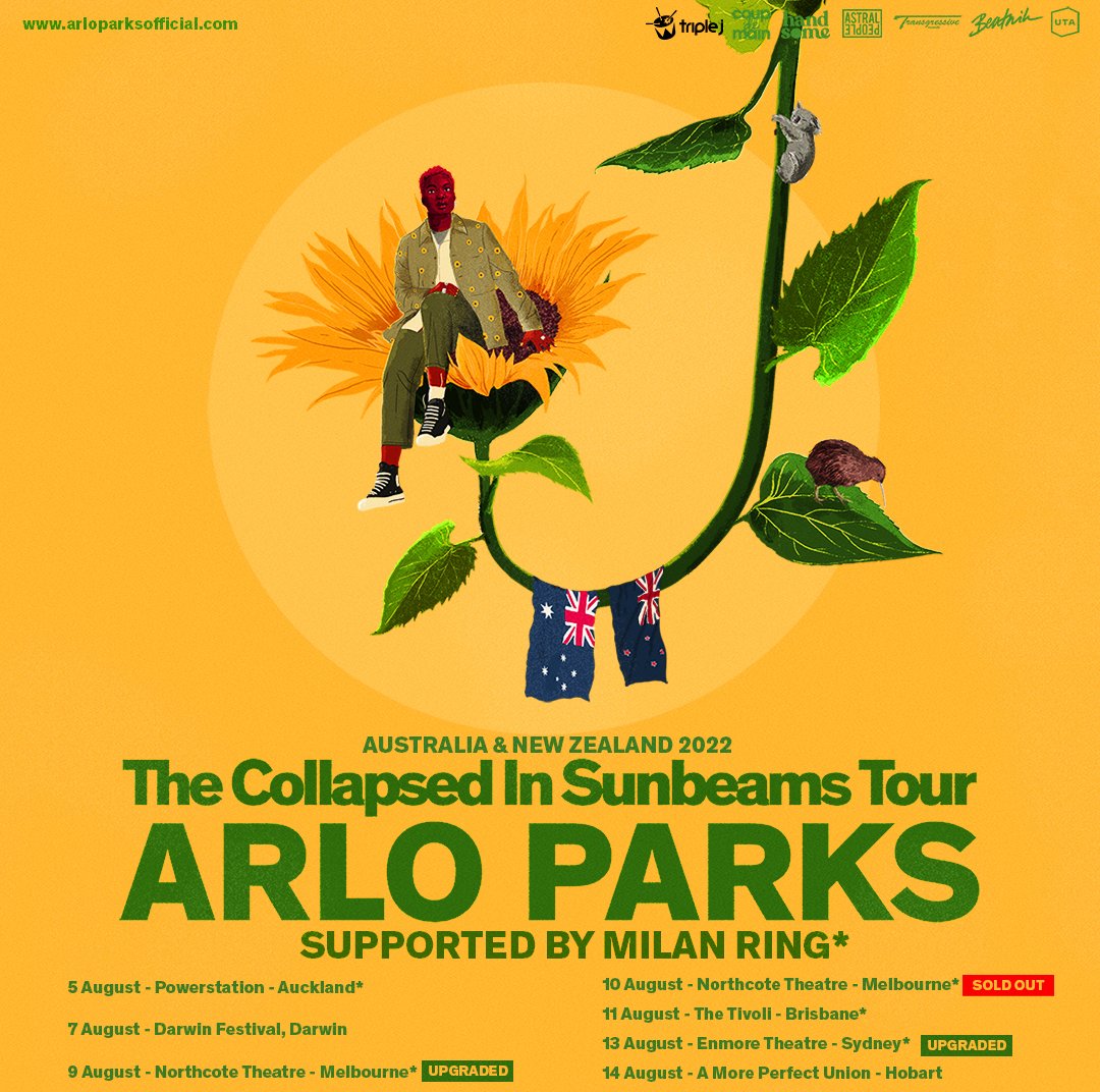 🌻 Supporting @arloparks round the country + my first show in New Zealand 😆 can't wait 💛