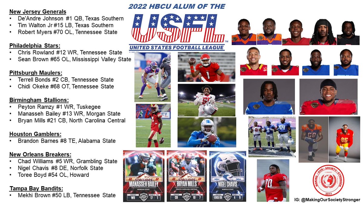 _MOSSFoundation's tweet image. S/O @USFL @USFLStallions @USFLGamblers @USFLBreakers @USFLGenerals @USFLBandits @USFLMaulers @USFLStars for giving HBCU talent the opportunity to shine!