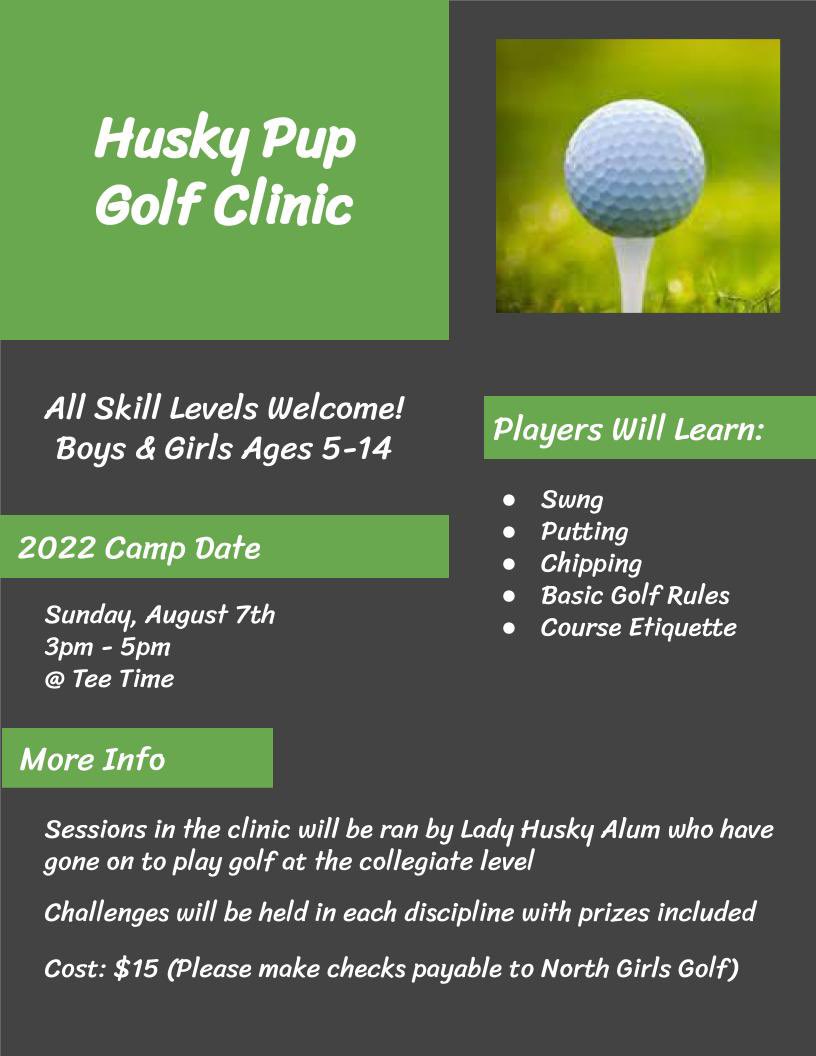 NorthGirlsGolf's tweet image. The Lady Huskies are hosting their first Husky Pup Golf Clinic! 

More info and how to sign up below! 

Thank you for supporting the North Women’s Golf Program, and for helping to grow the game of golf in Southwestern Indiana! ⛳️