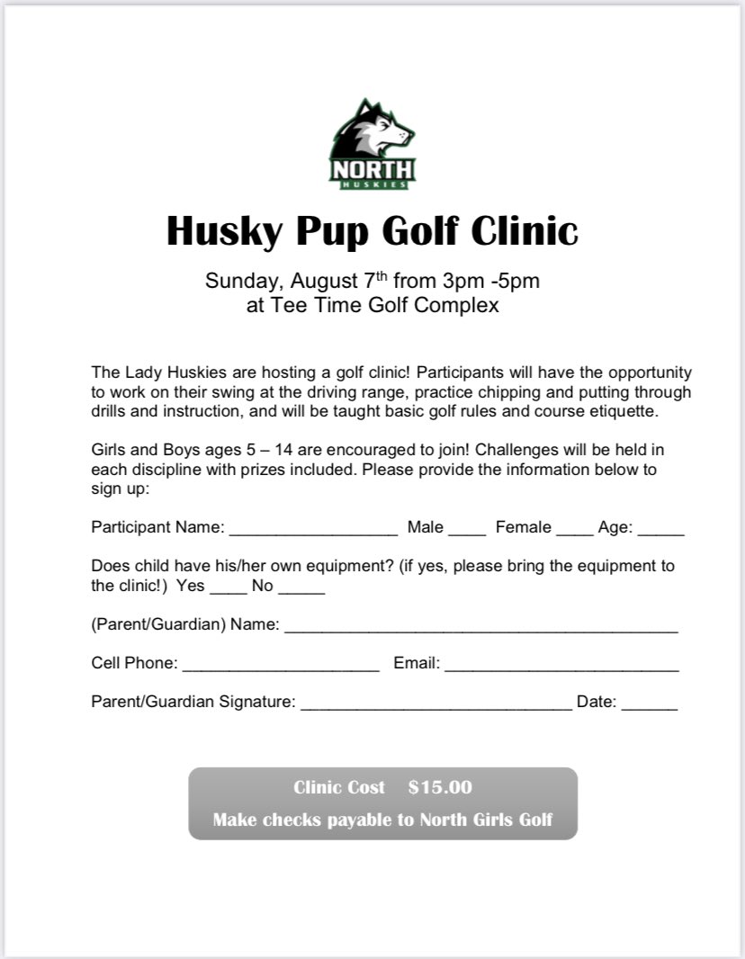 NorthGirlsGolf's tweet image. The Lady Huskies are hosting their first Husky Pup Golf Clinic! 

More info and how to sign up below! 

Thank you for supporting the North Women’s Golf Program, and for helping to grow the game of golf in Southwestern Indiana! ⛳️