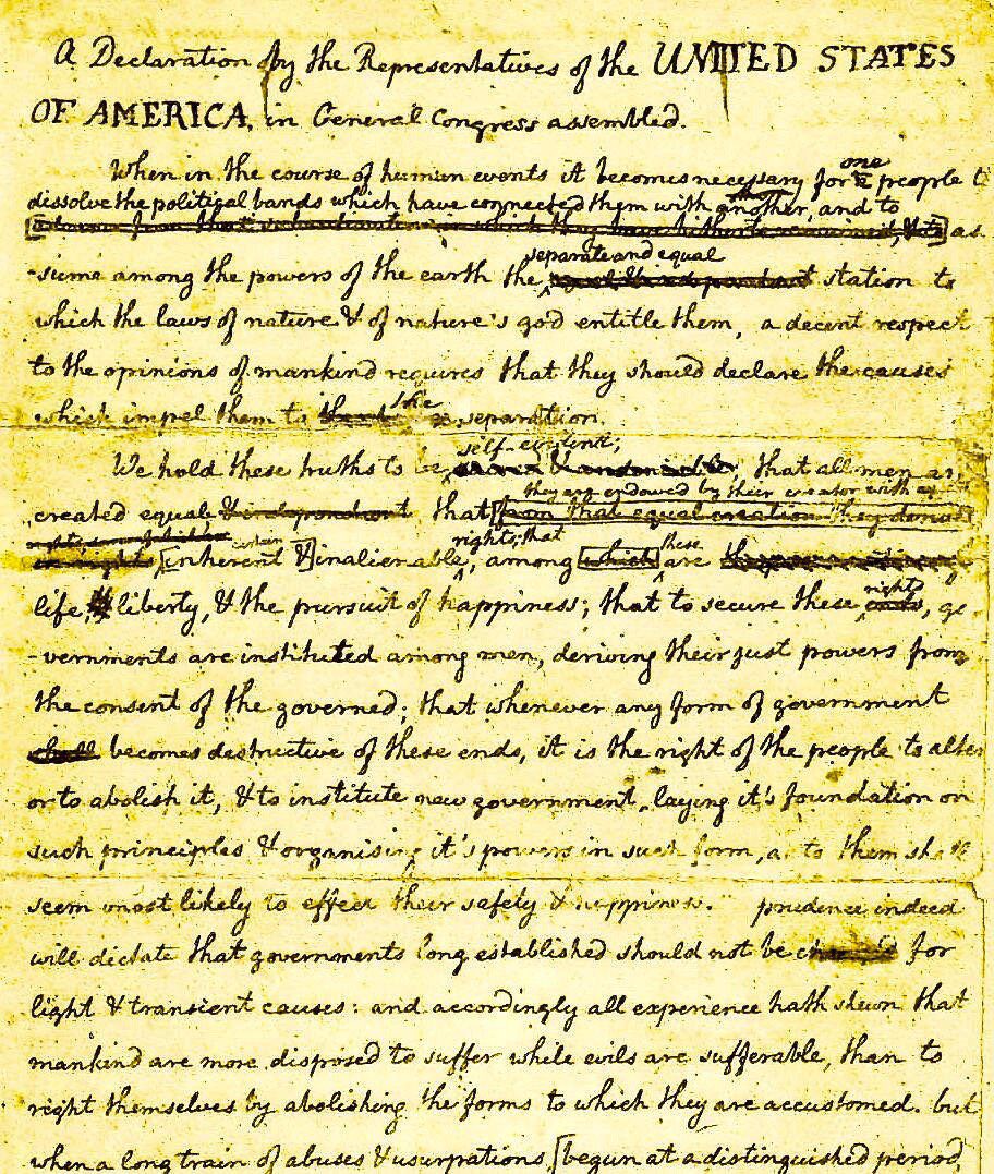 PrezWisdom's tweet image. Here we see an original draft of the Declaration of Independence.
The document was worked on by Thomas Jefferson 🇺🇸, John Adams 🇺🇸, and Benjamin Franklin 
#POTUS 
#IndependenceDay