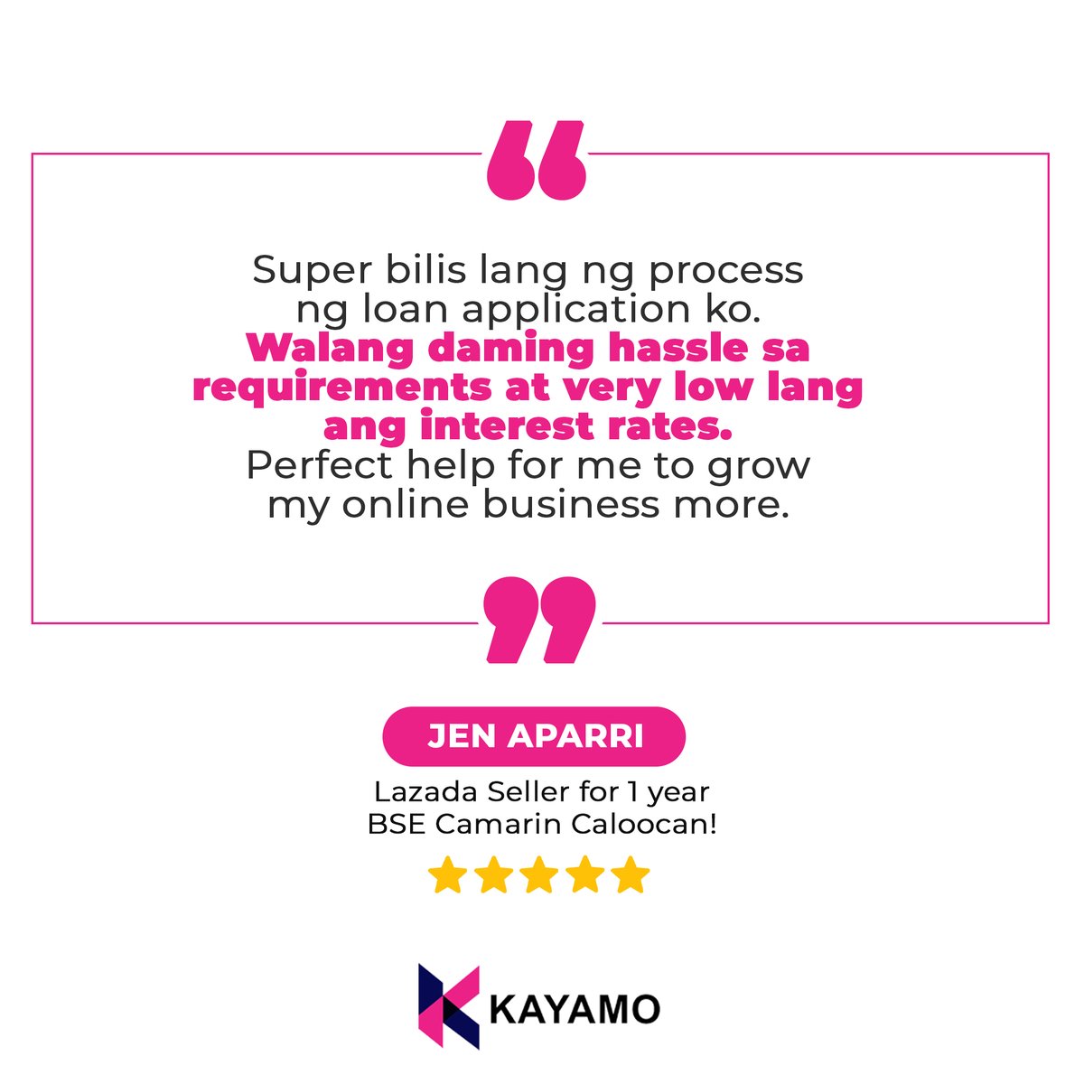 kayamo_ph's tweet photo. Hassle-free requirements and low interest rates? Kayamo na! Highly recommended by over thousands of sellers. Kung kaya ni Jen, Kayamo rin! #CashFunding #KayamoTestimonial 
—
Available to Shopee and Lazada sellers only with P17,000 minimum monthly sales at https://t.co/DWxrbYDJ32. https://t.co/8TsddhOsJy