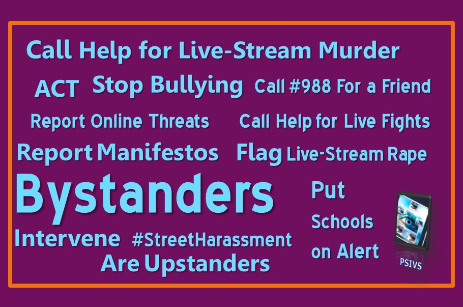 Bystanders play an important role in the following: bullying, stalking, #streetharassment, cyberbullying, suicides, #massshooting, and more.