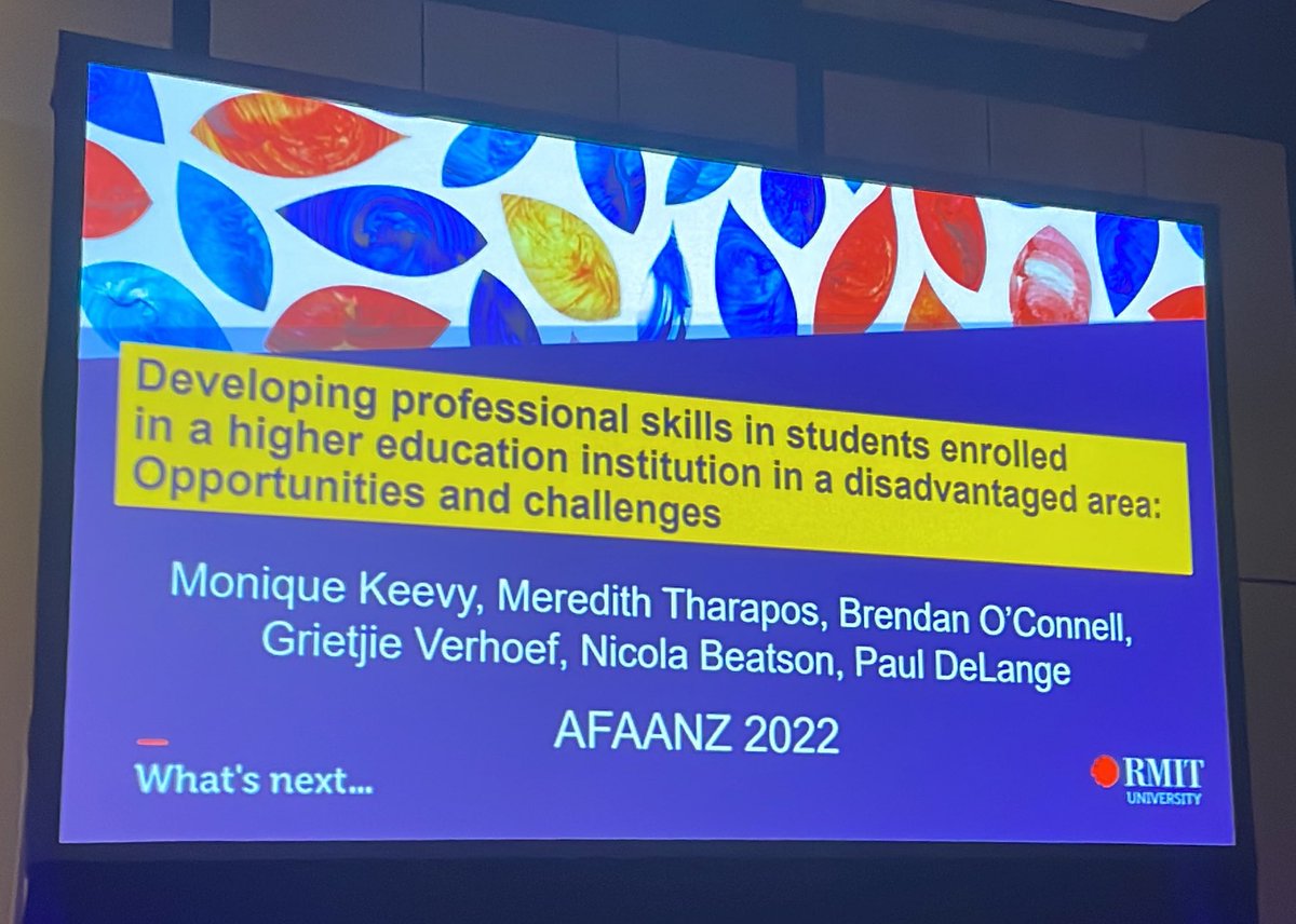 An important discussion at #AFAANZ22 lead by <a href="/tharapos_m/">Meredith Tharapos</a> on how to develop professional skills for students from disadvantaged areas