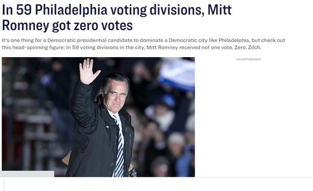 RB26416392's tweet photo. #MittRomney got zero votes in *59* #Philadelphia divisions. Not one, two or three votes -- ZERO. In 59 divisions. This is a #statisticalimpossibility. If you were wondering if we had #FreeAndFairElections, does this tell you anything? https://t.co/JOQ0wePCG3