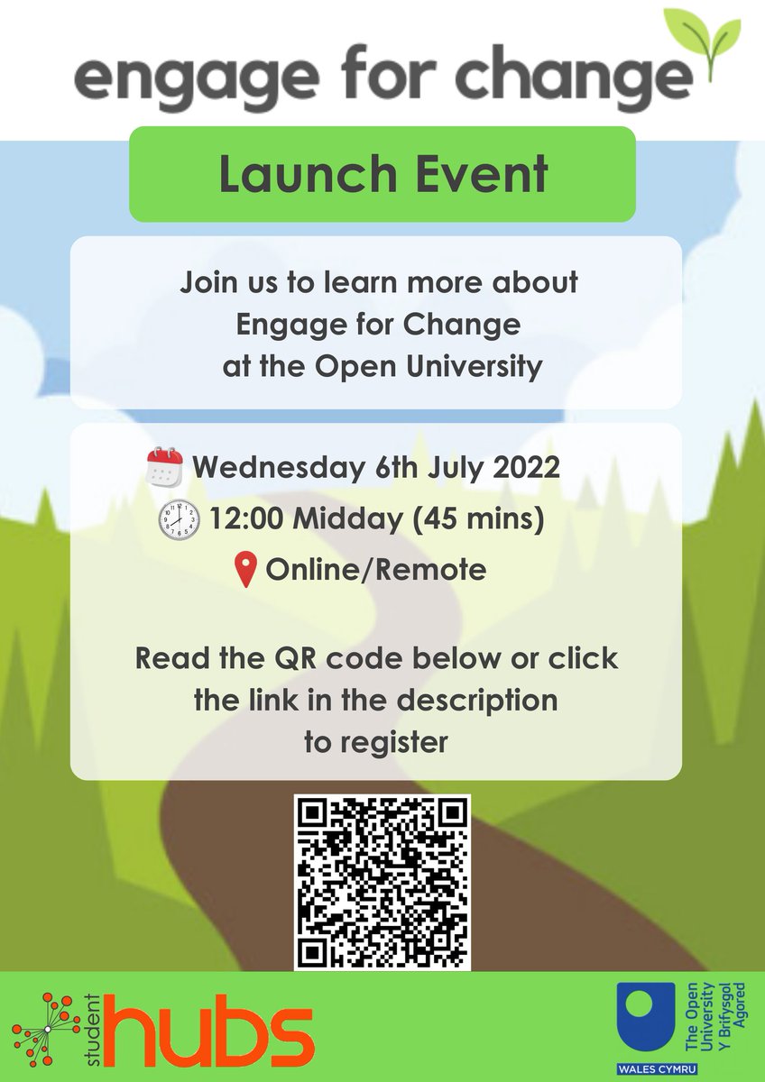 NEW Opportunity - "Engage for Change!" to be involved in student projects with supported training 
(NOW open to all OU students)
Worried about the Climate &amp; Ecological Emergency but don't know how to help? 
Come to our (online) launch event 
Sign up here bit.ly/3xWZhWw