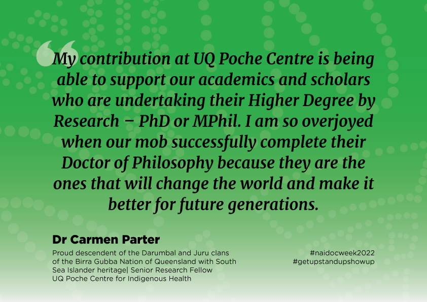 Dr Carmen Parter is a Senior Research Fellow joyfully supporting our HDR academics and scholars at @UQPoche👩🏾‍🎓Happy #NAIDOCWeek2022 !! 
@UQHealth @atsisuq #indigenoushealth #getupstandupshowup #closethehealthgap