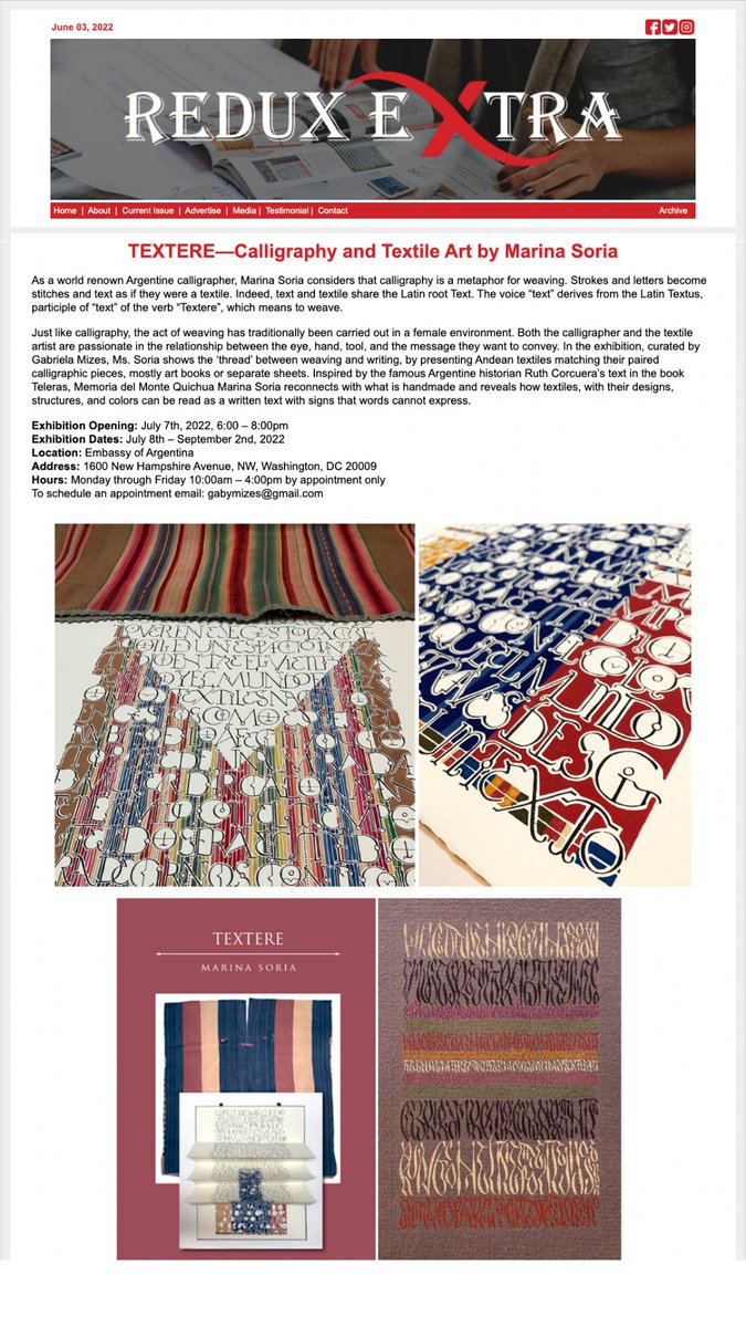 ReduxExtra's tweet image. Your Redux Extra Newsletter is here!
featuring TEXTERE—Calligraphy and Textile Art by Marina Soria and the exhibition was curated by Gabriela Mizes.

Get a copy of your Redux Newsletter here:
mailchi.mp/feebea9d4743/l…

#Newsletter #MariaSoria #GabrielaMizes  #Redex #ReduxExtra