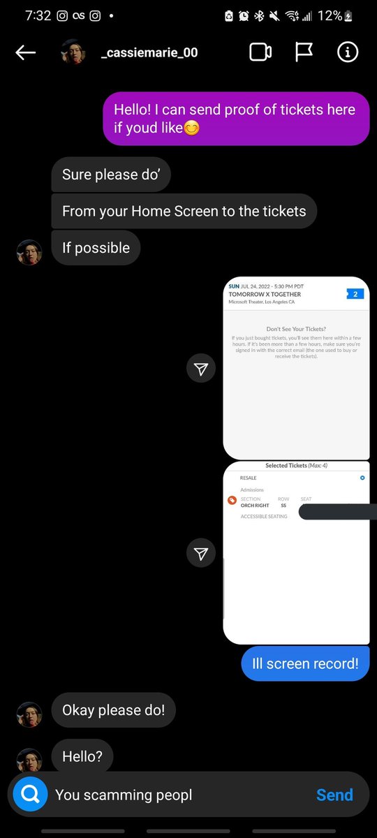 tanniesharmony's tweet photo. People are using my screenshots and screen recordings to scam people for txt tickets. DO NOT PURCHASE FROM THEM!! I thought they were going to purchase tickets the tickets and sent it to them throught instagram.  PLEASE BLOCK/ REPORT @tiwi_fl AND _cassiemarie_00 from instagram! https://t.co/zrtlYNhdkX