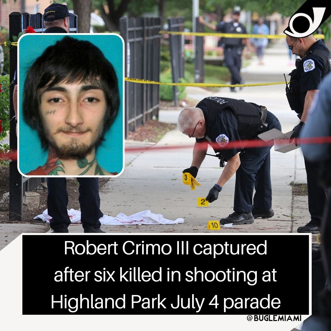 BugleMiami's tweet photo. Highland Park Police Chief Lou Jogmen said 22-year-old Robert "Bobby" E. Crimo III was #arrested around 6:30 p.m., more than eight hours after the shooting, following a chase in the north suburbs.

#BugleMiami #News https://t.co/X3ijvsj60F