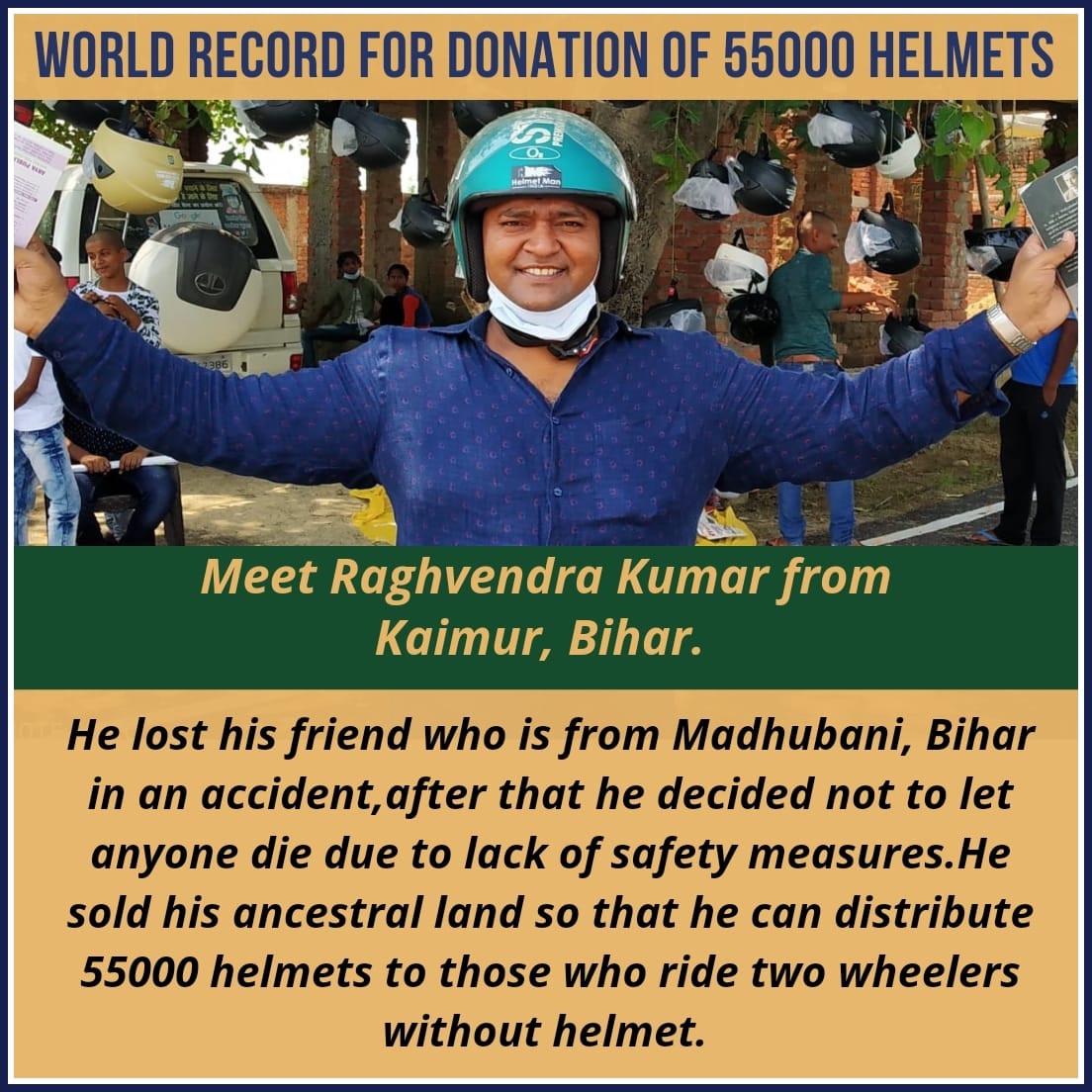 power of Road safety #Helmetman #RoadSafety 
#Raghvendrakumar #sadaksurakshajeevanraksha #Roadsafetyhero free helmet distribution 55000 world record, This is real humanity.
@helmet_man_ .