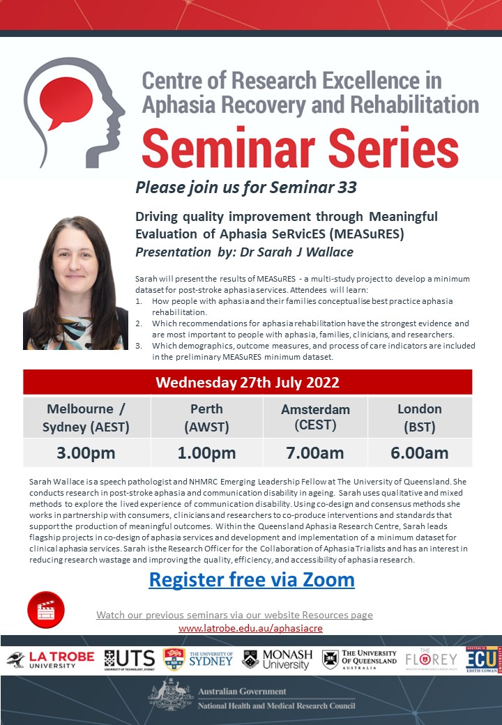 aphasiacre (@aphasiacre) on Twitter photo Register now for Aphasia CRE Seminar 33.
Driving quality improvement through Meaningful Evaluation of Aphasia SeRvicES (MEASuRES)
Presentation by: Dr Sarah J Wallace
<a href="/sarahjwallace/">A/Prof Sarah J. Wallace</a>
DATE - Wednesday 27 July 2022 at 3pm (AEST)
Register free - latrobe.zoom.us/webinar/regist… Register now for Aphasia CRE Seminar 33.
Driving quality improvement through Meaningful Evaluation of Aphasia SeRvicES (MEASuRES)
Presentation by: Dr Sarah J Wallace
<a href="/sarahjwallace/">A/Prof Sarah J. Wallace</a>
DATE - Wednesday 27 July 2022 at 3pm (AEST)
Register free - latrobe.zoom.us/webinar/regist…