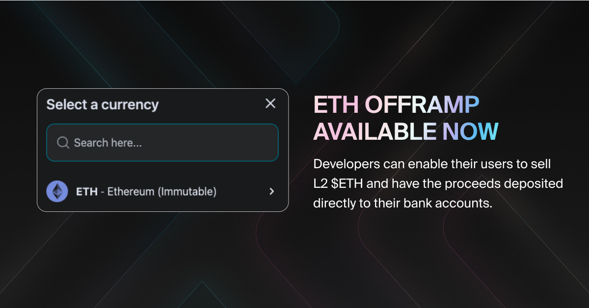Immutable's tweet image. 1/ Major update! $ETH offramp is now available to any developer building an @Immutable X powered platform

Developers can enable their users to sell L2 $ETH and have the proceeds deposited directly to their bank accounts. 

docs.x.immutable.com/docs/link-cryp…

Continue below👇