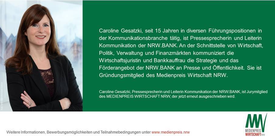 Jurymitglied der 1. Stunde: <a href="/gesatzki1/">Caroline Gesatzki</a>, Pressesprecherin und Leiterin der Unternehmenskommunikation <a href="/NRWBANK/">NRWBANK</a>, ist Gründungsmitglied des #MedienpreisWirtschaftNRW und auch in diesem Jahr in der #Jury vertreten. nrwbank.de/de/die-nrw-ban…