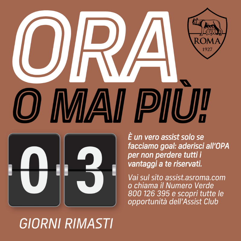 OfficialASRoma's tweet photo. 🟨🟥 Ancora 3 giorni per aderire all'OPA ed entrare a far parte dell'Assist Club #ASRoma.

📌 Scopri le esperienze uniche alle quali potrai accedere

Per maggiori informazioni consulta il documento di offerta.