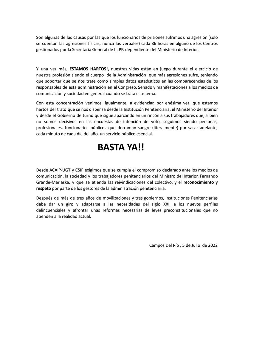🔴 ACAIP-UGT y CSIF convocan concentración hoy a las 10h30 a las puertas del CP Murcia 2 por la brutal agresión a un compañero 

#PrisionesSinAgresiones  #stopAgresiones