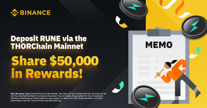 binance's tweet photo. Deposit $RUNE via the THORChain Mainnet to share $50,000 in rewards!