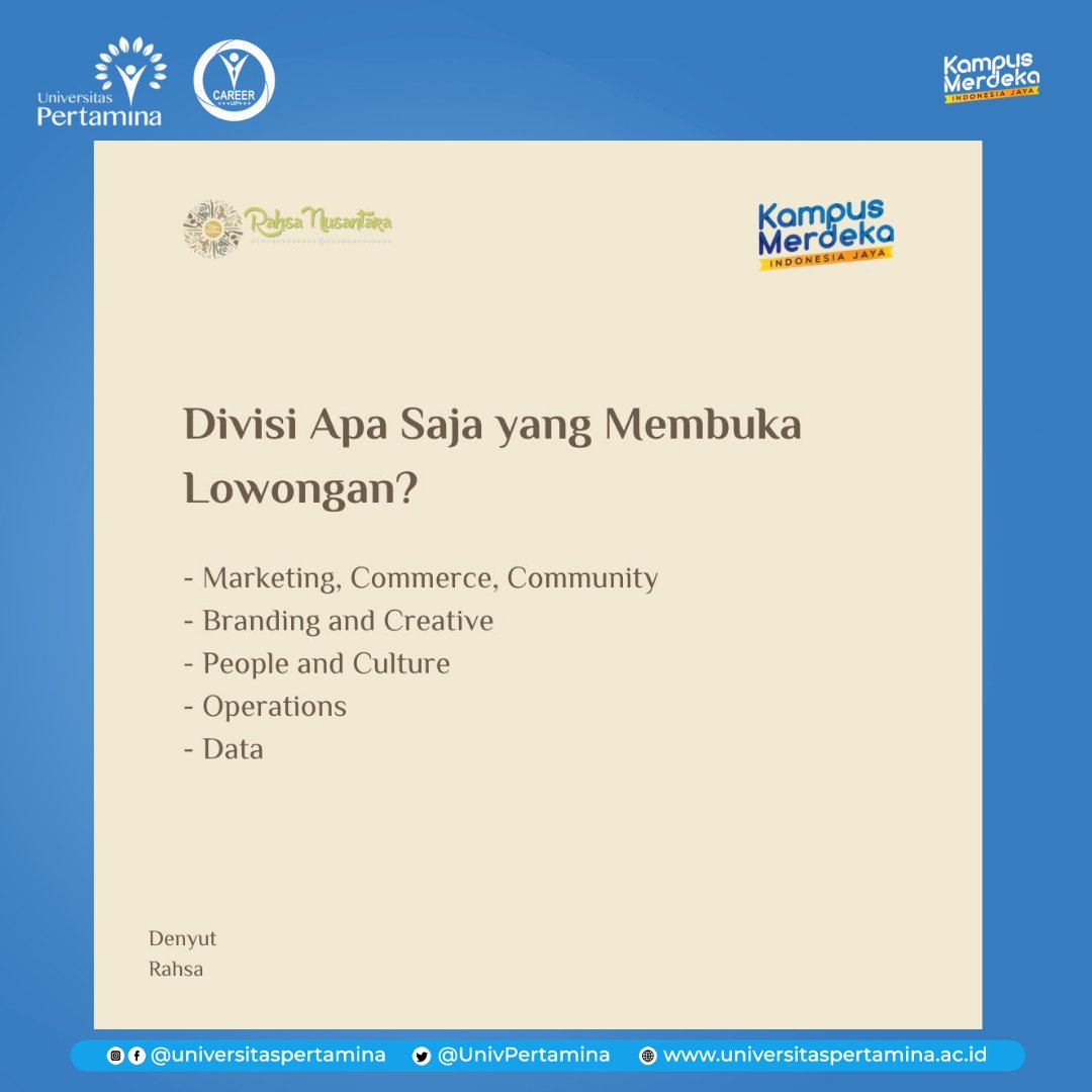 cdc_uper's tweet photo. Periode: Agustus - Desember 2022
#infomagang #Rahsa #MagangMBKM https://t.co/FtNEHjqGh9