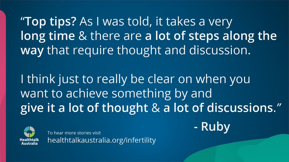 HealthtalkAus's tweet photo. Advice for others experiencing #infertility or treatment:

~ Don't wait too long
~ Become your own expert
~ Discuss &amp; plan
~ Become your own advocate
~ Have realistic expectations
~ Maintain other interests
~ Look after your mental health &amp; your relationship if you have a partner https://t.co/y1TAYMZIeN
