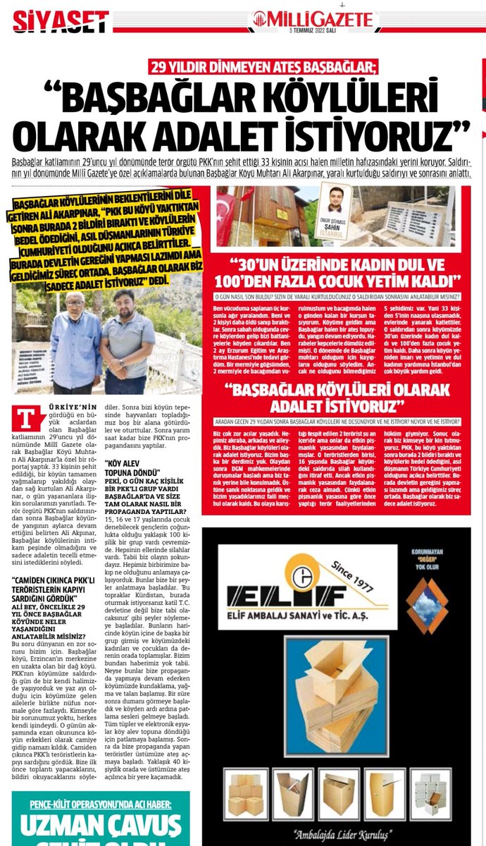 PKK'nın 29 yıl önce Başbağlar'da yaptığı katliamın yıl dönümünde önemli bir röportaj hazırladık. 33 kişinin şehit edildiği, bir köyün tamemen yakılıp talan edildiği saldırıdan yaralı kurtulan Başbağlar Köyü Muhtarı Ali Akarpınar'la o günü konuştuk.

Link⬇️
milligazete.com.tr/haber/11318669…