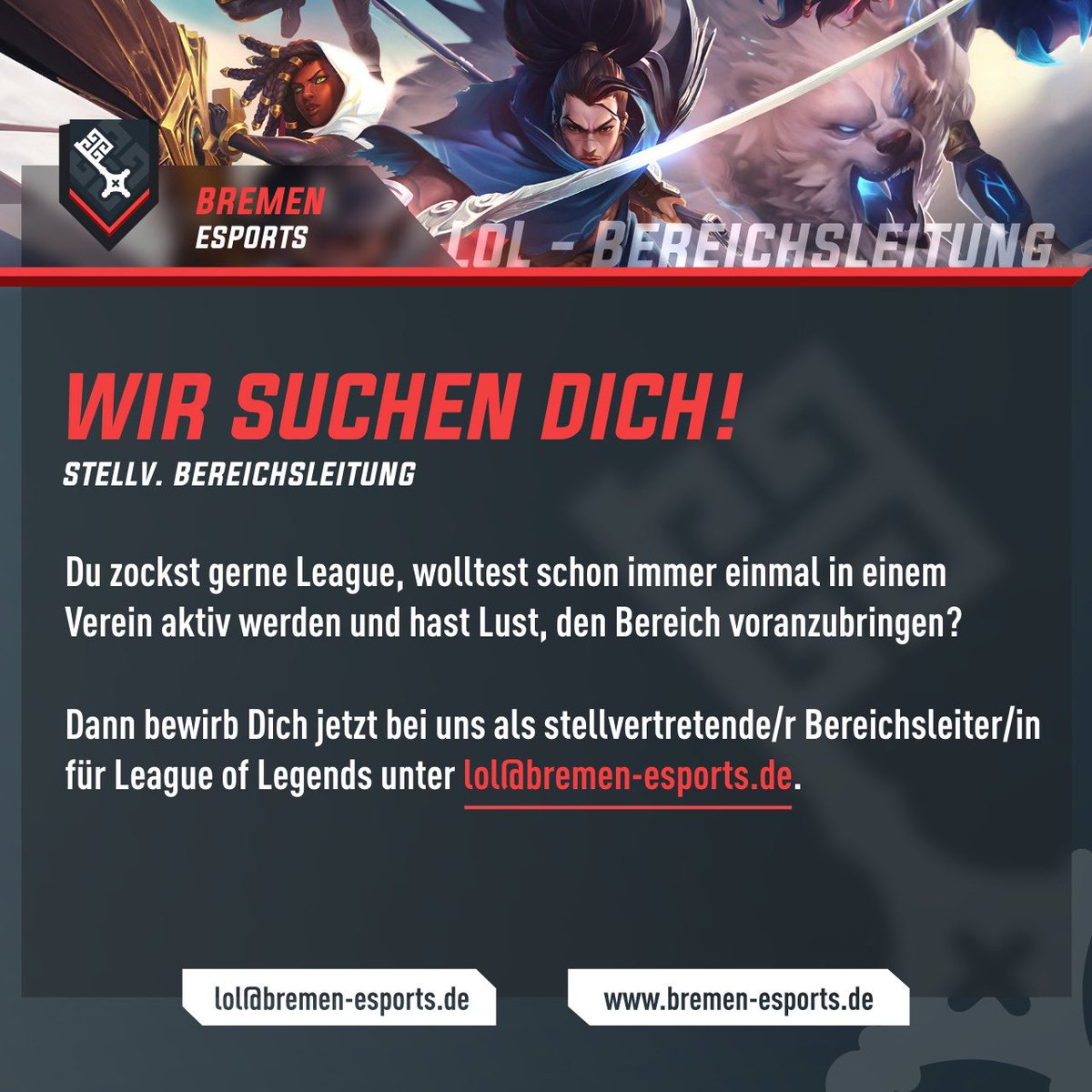 Unser #LeagueOfLegends -Bereich bekommt neue Gesichter!
Wir bedanken uns bei Tino für seinen Einsatz für Bereich und Verein und begrüßen Jan Mühlenweg als unseren neuen Bereichsleiter!
Doch jetzt bist du gefragt! Wir suchen noch einen stellvertretenden Bereichsleiter 👀