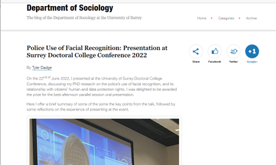 Surrey Sociology (@surreysociology) on Twitter photo Just published new blog by <a href="/SurreySociology/">Surrey Sociology</a>'s @TylerDadge who recently was awarded a prize for her presentation at <a href="/SurreyDocCol/">University of Surrey Doctoral College</a> conference on Police Use of Facial Recognition blogs.surrey.ac.uk/sociology/2022… <a href="/CCriminology/">Centre for Criminology</a> Just published new blog by <a href="/SurreySociology/">Surrey Sociology</a>'s @TylerDadge who recently was awarded a prize for her presentation at <a href="/SurreyDocCol/">University of Surrey Doctoral College</a> conference on Police Use of Facial Recognition blogs.surrey.ac.uk/sociology/2022… <a href="/CCriminology/">Centre for Criminology</a>