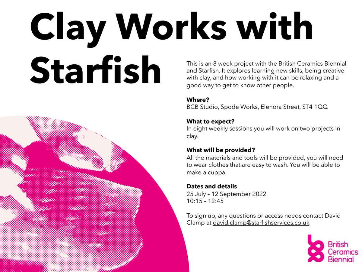 📌PARTICIPANTS of STARFISH ONLY📌

Start Date: Monday 25th July, 10:15AM till 12:45pm 

Get yourself signed up for our Clay Works programme, being ran at Spoke Works in Stoke! 🤩