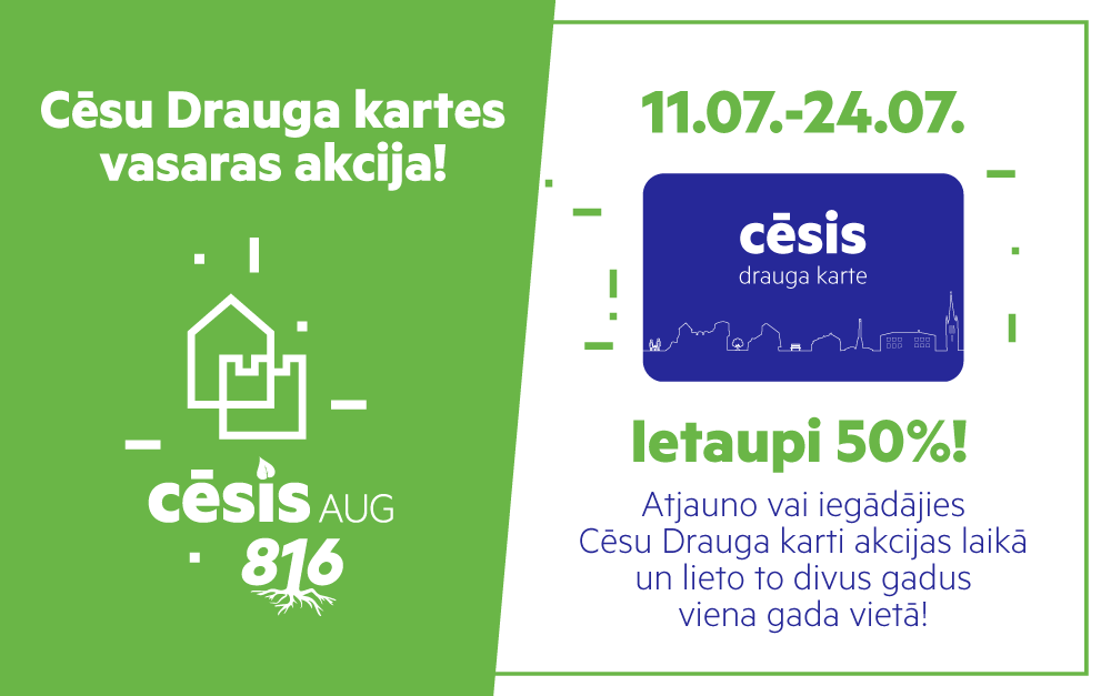 VisitCesis's tweet photo. Cēsu Drauga kartes vasaras akcija ir klāt! Iegādājies vai atjauno karti no 11.07. - 24.07. un ietaupi 50%. Tā būs derīga divus gadus! 👉Vairāk uzzini - https://t.co/UHNkUbzK7R https://t.co/urOGQgVrN1