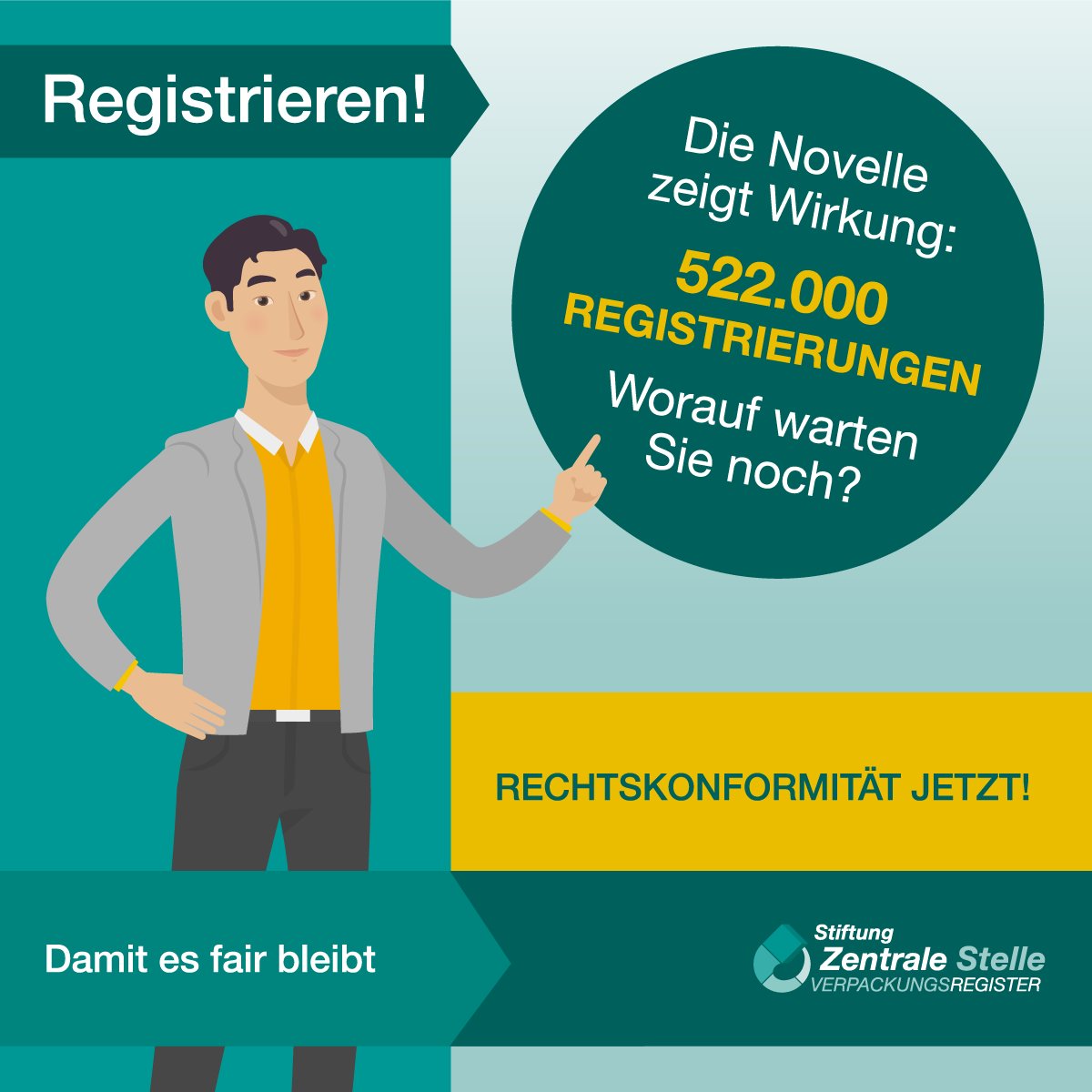 522.000 Registrierungen im #Verpackungsregister LUCID und täglich kommen tausende Neuregistrierungen aus aller Welt hinzu. Die Novelle des #VerpackG zeigt Wirkung! Doch nach wie vor gibt es Trittbrettfahrer.
Registrieren Sie sich jetzt noch unter lucid.verpackungsregister.org