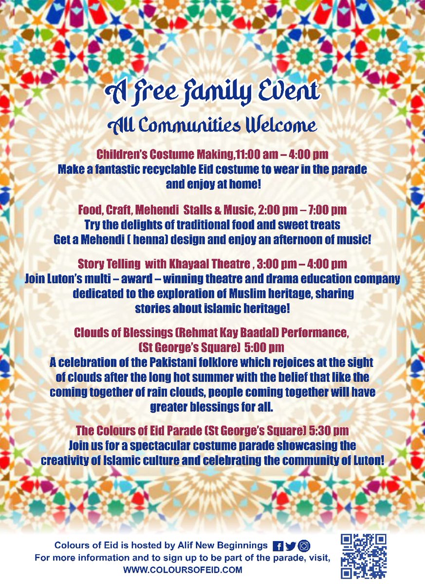 LutonSJU's tweet photo. Join in with the #ColoursOfEid festival on Saturday 16th July in St Georges Square. A free family fun day out. We are delighted to have supported this event with funding through the #LutonCitizensFund, and exactly what the funding was designed for, to support up and coming ideas https://t.co/0FdlvROZ1L