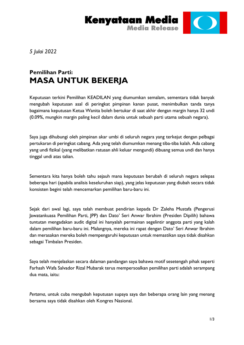 rafiziramli's tweet photo. Pandangan rasmi saya selepas keputusan terkini #Pemilihan2022:

1) siap sedia hadapi PRU15
2) ruang dalaman utk perhalusi bgmn keputusan boleh diubah 
3) tindakan kpd pihak2 yg berniat sabotaj utk lengahkan keputusan

https://t.co/IQiGHaSxWP https://t.co/YVzq3VvabC