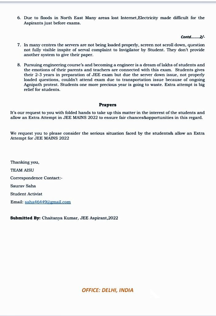 Official_AISU's tweet photo. Today JEE Aspirant submitted a  representation to @DG_NTA, under the guidance of @Official_AISU requesting the authorities to consider  #ExtraAttemptJEEMAIN2022.

It's our humble request to the authorities to consider their genuine demand. https://t.co/arDJB02EpQ