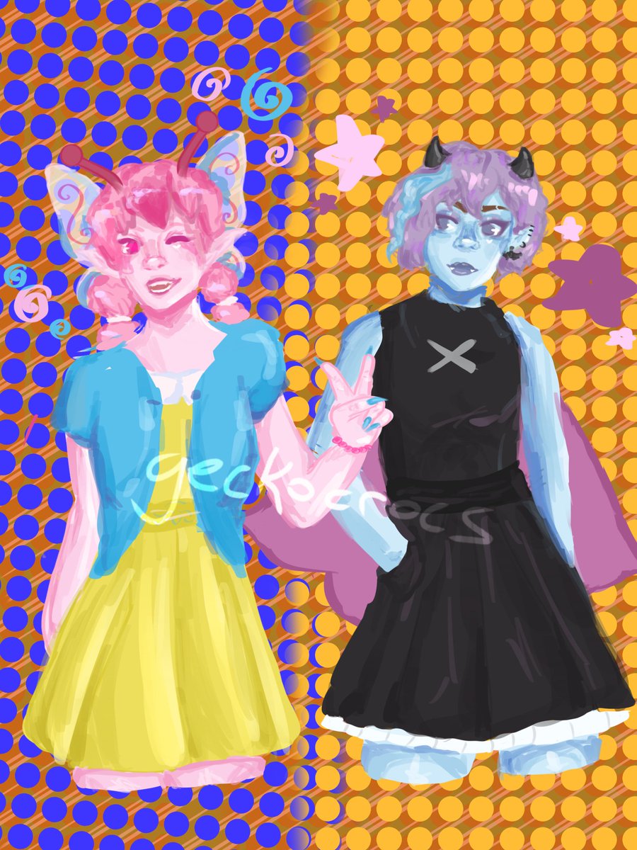 First art vs Most recent art!!  
first piece: Kaede Akamatsu (drv3) 
Recent piece: Majoritchi and Fairytchi (tamagotch)