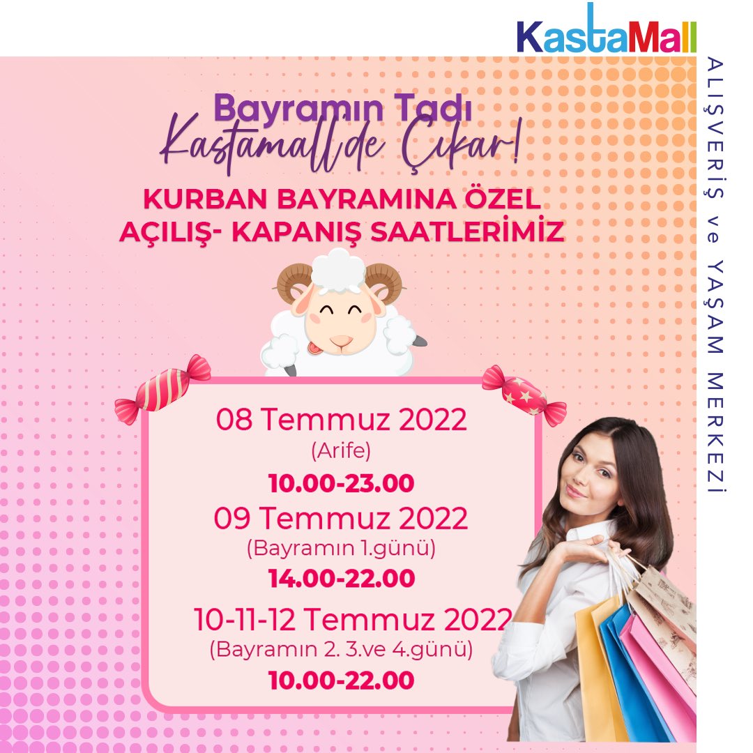 Bayramın tadı Kastamall’de çıkar!😍🛍Bayrama özel açılış kapanış saatlerimiz:
8 Temmuz 2022: 
⏰10.00-23.00

9 Temmuz 2022:(Bayramın 1.günü)
⏰14.00-22.00

10-11-12 Temmuz 2022:(Bayramın 2.,3. ve 4. günü)
⏰10.00-22.00

#bayramalışverişi #bayramsaatleri #kastamallavm
