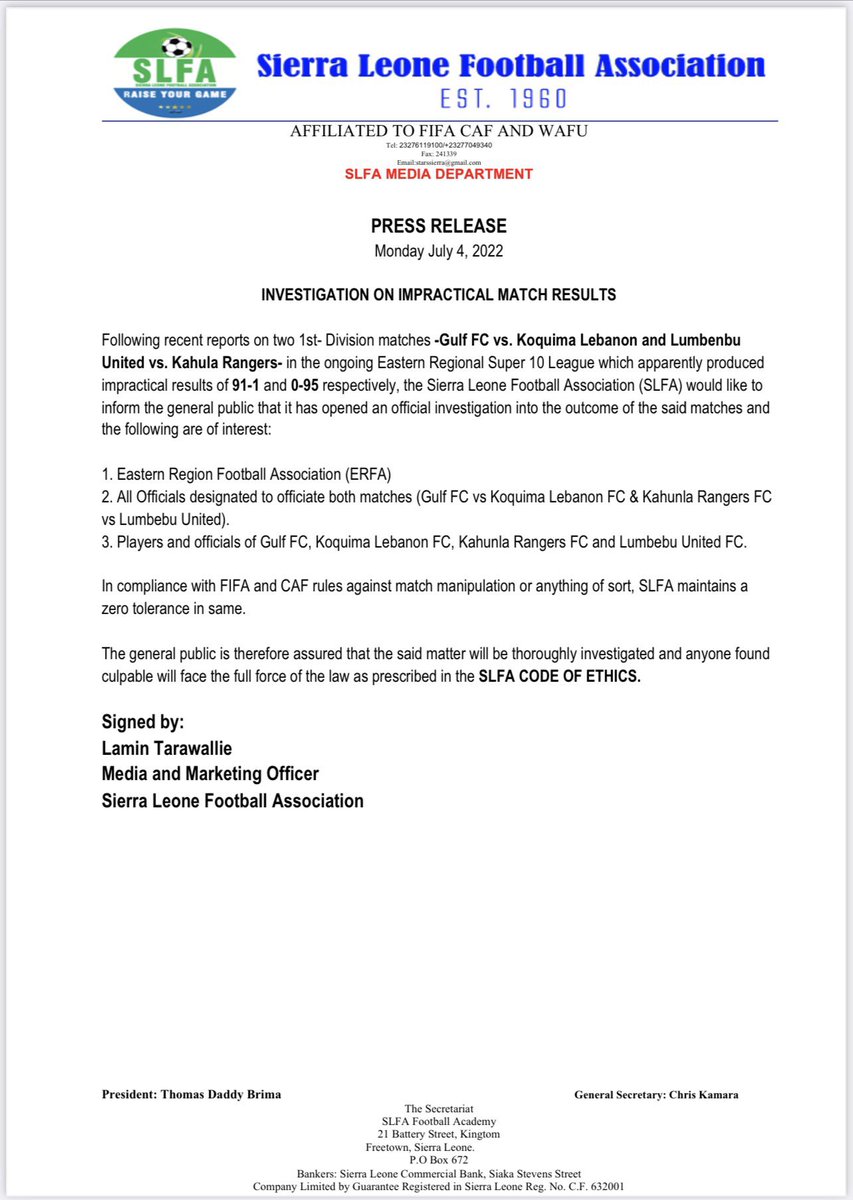 En Sierra Leone 🇸🇱, deux rencontres suscitent la polémique.

La raison : deux équipes à égalité qui luttaient pour la montée en première division se sont respectivement imposées 91-1 et 95-0.