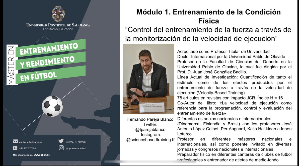 UPSA_M_FUTBOL's tweet photo. Hoy toca anunciar a @fparejablanco , qué también impartirá docencia en el Módulo 1. Fernando abordará “El control del entrenamiento de la fuerza a través de la monitorización de la velocidad de ejecución” #encoder #controlvelocidad #futbol #fuerzavelocidad https://t.co/ZnTC41tDcO