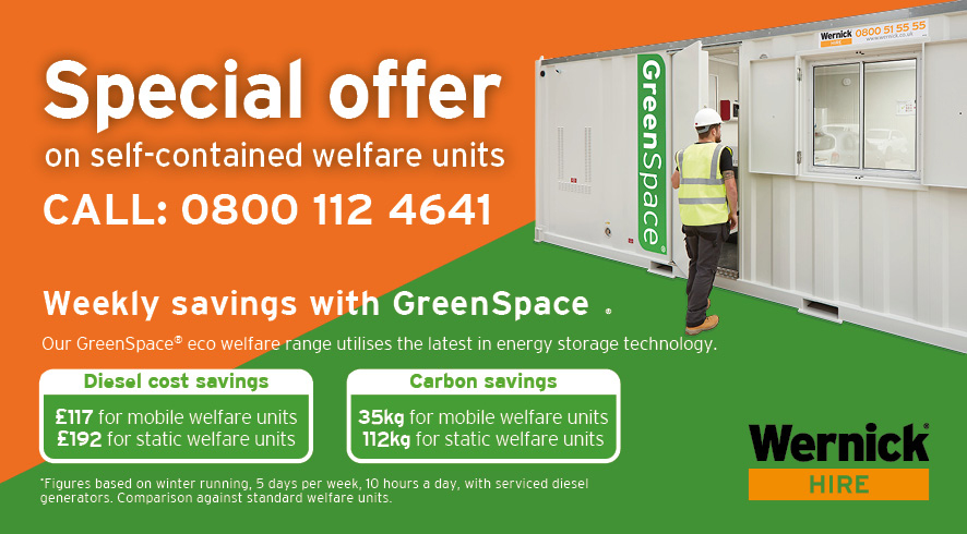 Special offer on self-contained #welfare units, for a limited time. Speak to your local Wernick Hire depot for details. Our Greenspace units utilise the latest in energy storage technology, reducing your carbon emissions on site &amp; lowering your fuel costs.