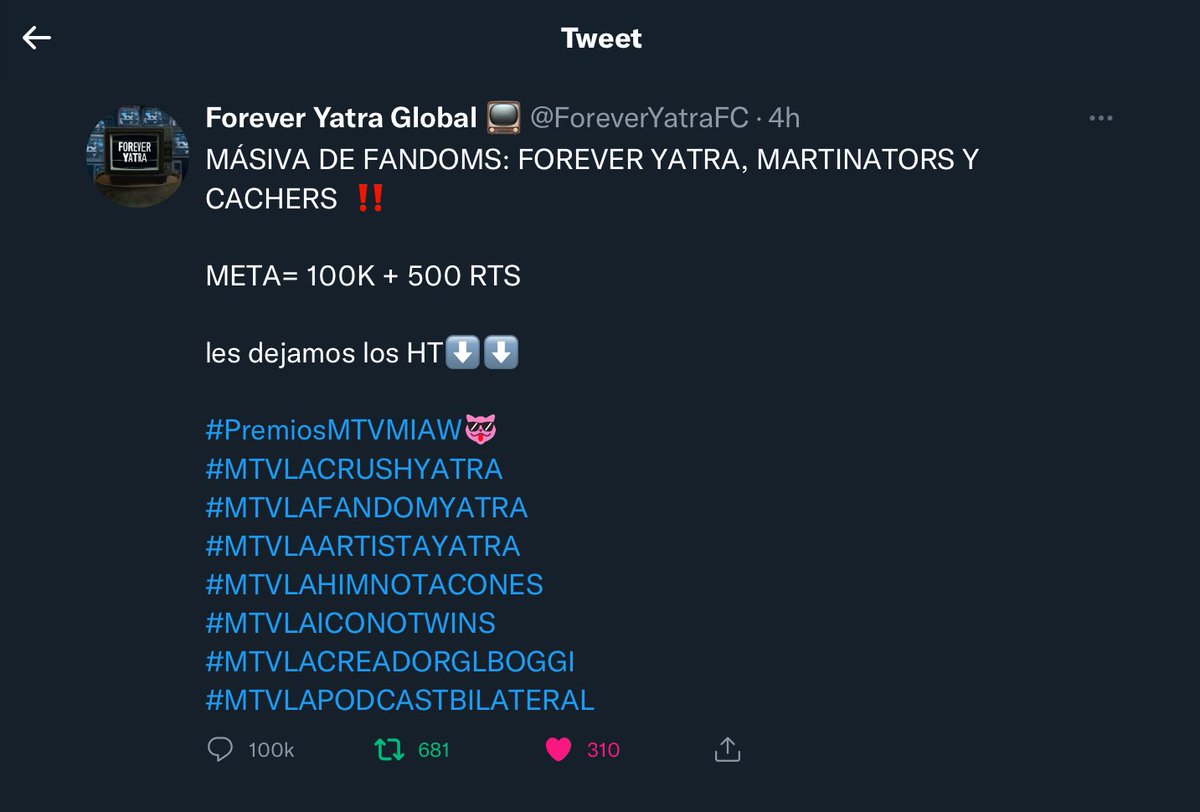 cachersociety's tweet image. LO LOGRAMOS!

gracias por esfuerzo y por participar, hicimos un increíble trabajo &amp;lt;3

#PremiosMTVMIAW #MTVLAPODCASTBILATERAL #MTVLACREADORGLANITTA #MTVLAICONOTWINS
#MTVLAARTISTAYATRA