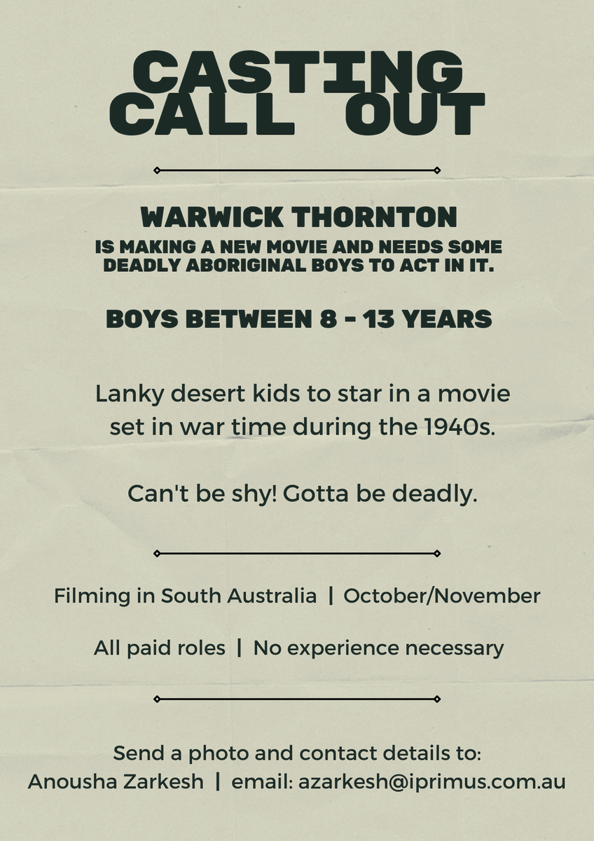 koorimailnews's tweet photo. Casting has just been announced for Warwick Thornton’s new feature film called THE NEW BOY, to shoot in South Australia - October/November 2022.

For more information or applications please email azarkesh@iprimus.com.au and micaeleygibson@hotmail.com https://t.co/LYWxRPr4oh