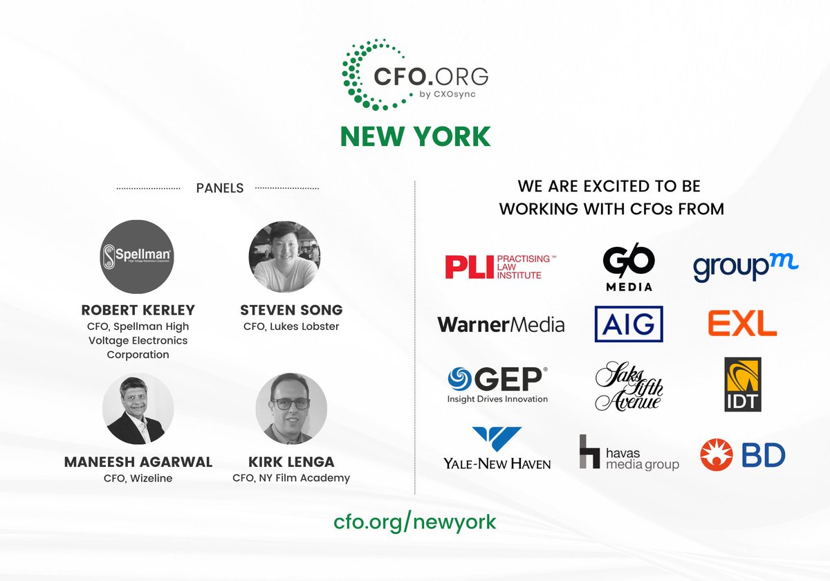 Welcome panelists Robert Kerley, Steven Song, Maneesh Agarwal and Kirk Lenga to the #CFOnewyork by #CFOorg event!

Be a part of this day full of thought leading conversations:
cfo.org/newyork/

#finance #accounts #financialplanning #cfo #financialrisks #financemanagement