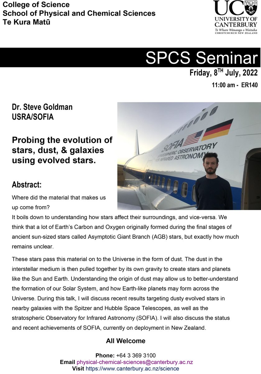 School Of Physical and Chemical Sciences @UC (@ucnz_physchem) on Twitter photo Check out the SPCS Seminar on this Friday.
Friday, 8TH July, 2022 11:00 am - ER140
<a href="/UCNZ_PhysChem/">School Of Physical and Chemical Sciences @UC</a> has Dr. Steve Goldman from
USRA/SOFIA coming to talk about
Probing the evolution of stars, dust, & galaxies using evolved stars.
All Welcome!
<a href="/UCNZ/">University of Canterbury</a> <a href="/UCNZscience/">UC Science | Te Kaupeka Pūtaiao</a> Check out the SPCS Seminar on this Friday.
Friday, 8TH July, 2022 11:00 am - ER140
<a href="/UCNZ_PhysChem/">School Of Physical and Chemical Sciences @UC</a> has Dr. Steve Goldman from
USRA/SOFIA coming to talk about
Probing the evolution of stars, dust, & galaxies using evolved stars.
All Welcome!
<a href="/UCNZ/">University of Canterbury</a> <a href="/UCNZscience/">UC Science | Te Kaupeka Pūtaiao</a>