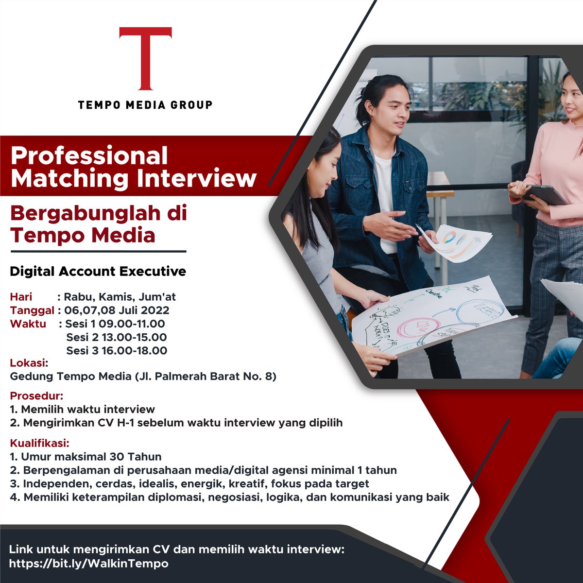 tempodotco's tweet photo. Lowongan Kerja
Tempo mencari kandidat Digital Account Executive.
Ikuti walk in interview dari Tempo Media.
Daftar dan datang ke Gedung Tempo, Palmerah.
Rabu, Kamis, dan Jumat, 6-8 Juli 2022.
Daftar di sini sekarang: https://t.co/F6D1ECu3UB
#TempoHire #LowonganKerja #TempoMedia https://t.co/iBpeiVVJmH