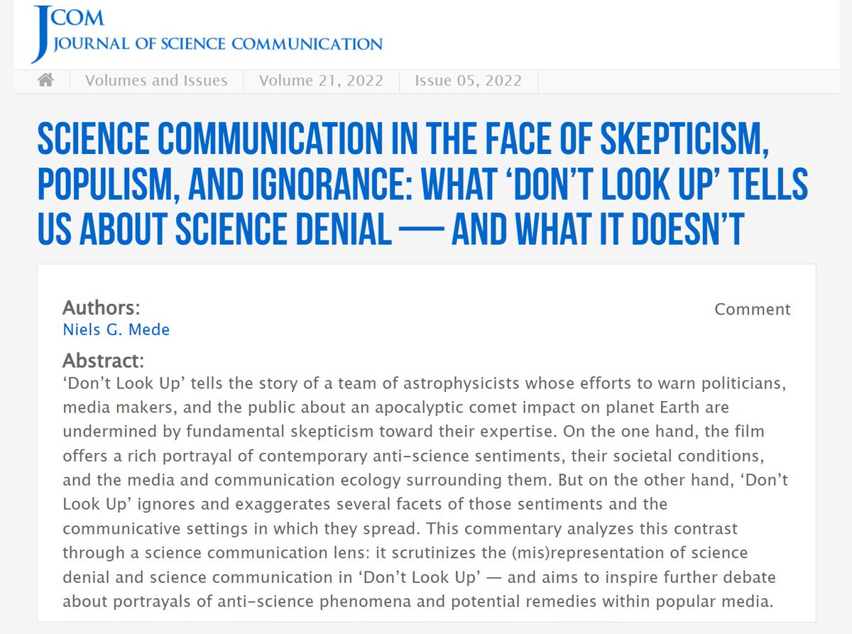 nielsmede's tweet photo. Out now in @JsciCOM: My commentary on “Don’t Look Up” 🎥

Many people praised the film (except the #Oscars jury…). But I adopt a more critical view, discussing how it (mis)represents #science denial and its societal surroundings 🤨
🔗 https://t.co/Vx3M8KL2x0
#OpenAccess #scicomm https://t.co/ecELt4PTWW