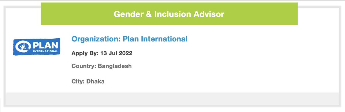 #jobopening 
Plan International is calling for applications for the post of Gender &amp; Inclusion Advisor. Applicants must have a minimum of 5 years of experience along with masters degree in relevant field. 
Deadline: 13 July 2022
Apply: bit.ly/3yg0F6G
#gender #inclusion